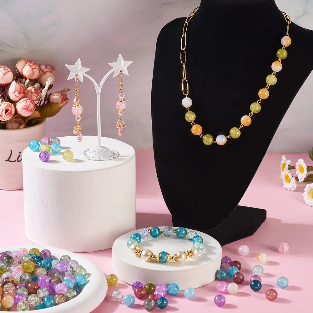 240Pcs 10mm Crackle Glass Beads Multicolor Round Loose Spacer Beads for Unisex Jewelry Making DIY Bracelet Necklace Accessories