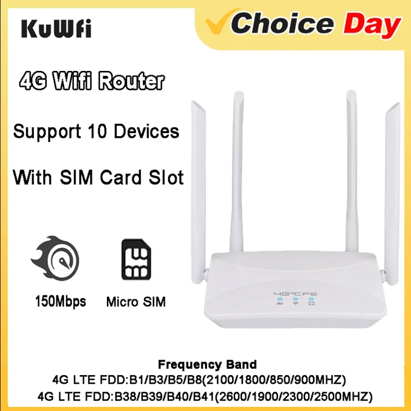 

KuWFi 4G LTE Router 150Mbps Wireless Wifi WiFi hotspot CPE 3G 4G With SIM Card Slot RJ45 WAN LAN Support 10 Devices For Home