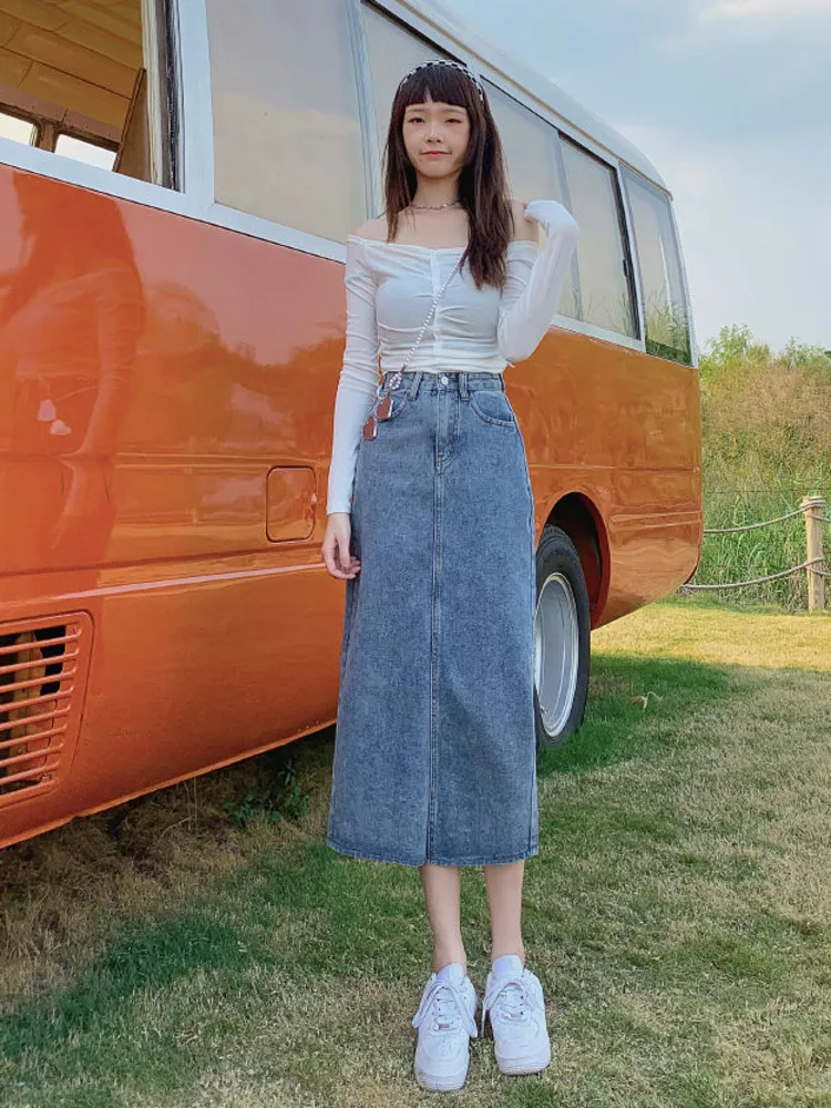 

Women's Casual Solid High Waist Split Elegant Hip Split Streetwear Fashion Straight A-Line Chic All-match Denim Skirt New