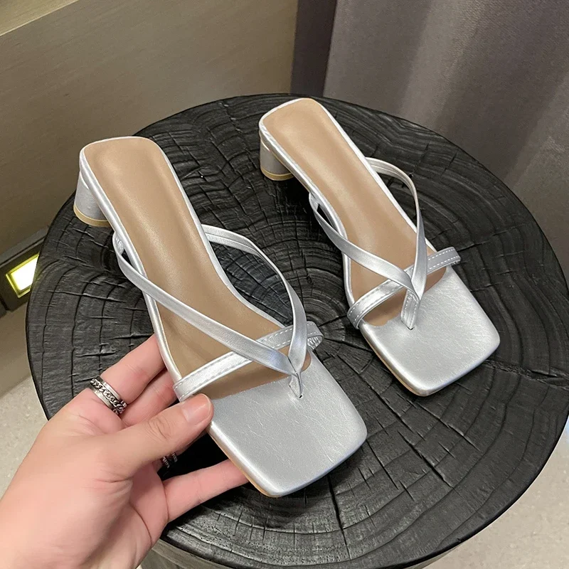 

New French square toe high heels for summer 2024, versatile for women's outerwear with flip flops