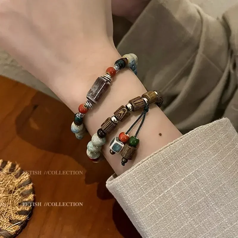 

New Chinese Style Retro Beaded Bracelet Natural Wood Women's Ins Niche Design Sense Advanced Girlfriend HandString New Jewelry