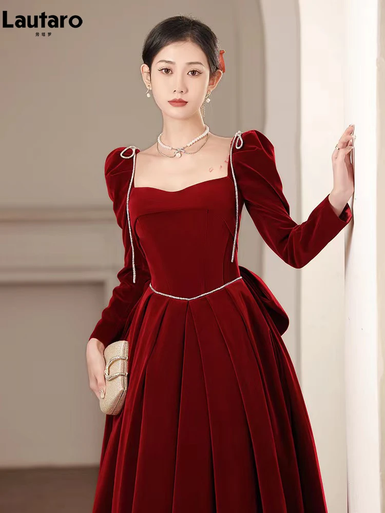 Lautaro Spring Extra Long Birthday Party Evening Velvet Maxi Dresses for Women Puff Sleeve Square Neck Luxury Elegant Clothing 2