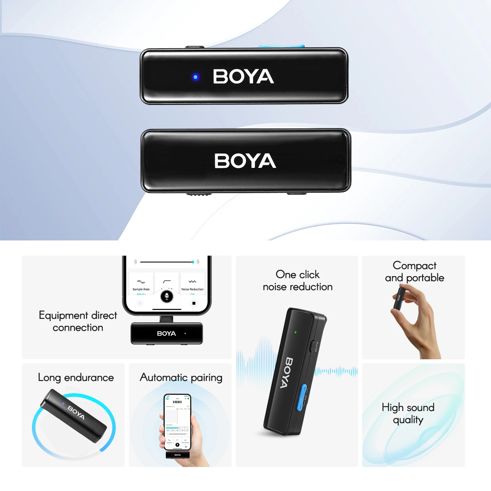 BOYA BOYALINK 무선 라발리에 마이크 시스템, 클립온 마이크, 아이폰, 안드로이드 컴퓨터용, 인터뷰, 브이로그용, A1, A2, 2.4GHz