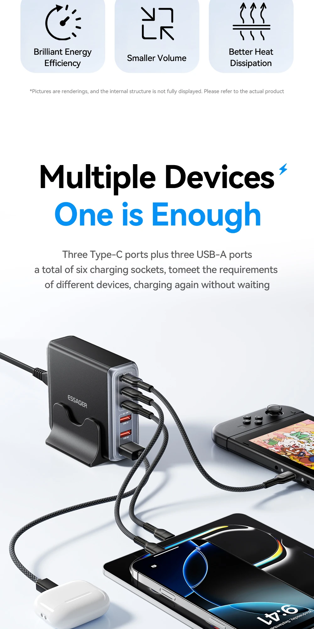 85W GaN Charger 6 Ports USB Type C Desktop Charger PD Fast Charging Station For