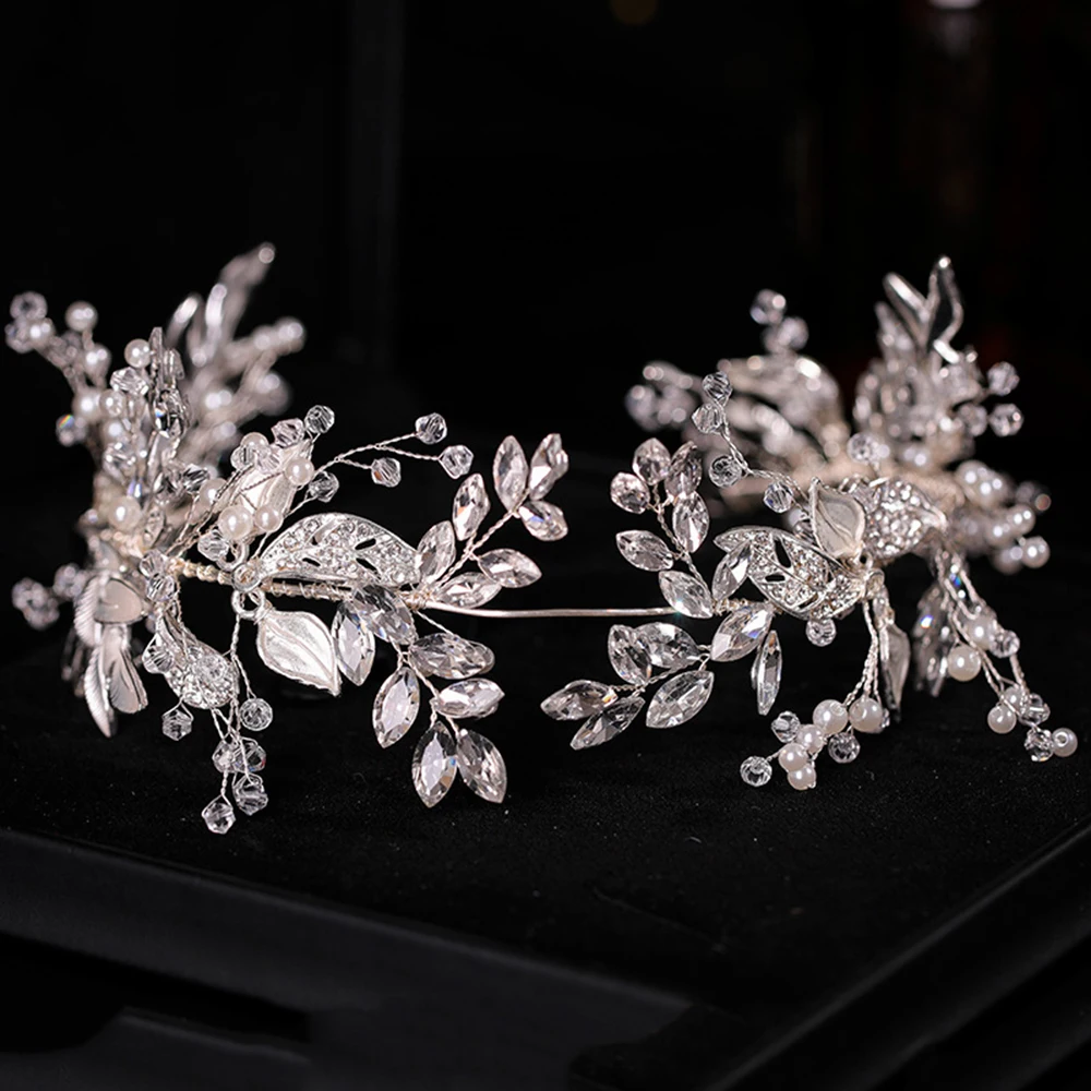 Female Wedding Leaf Headband Party Prop Knitting Silver Gown Hair Vines with Rhinestones for Banquet Wedding Masquerade