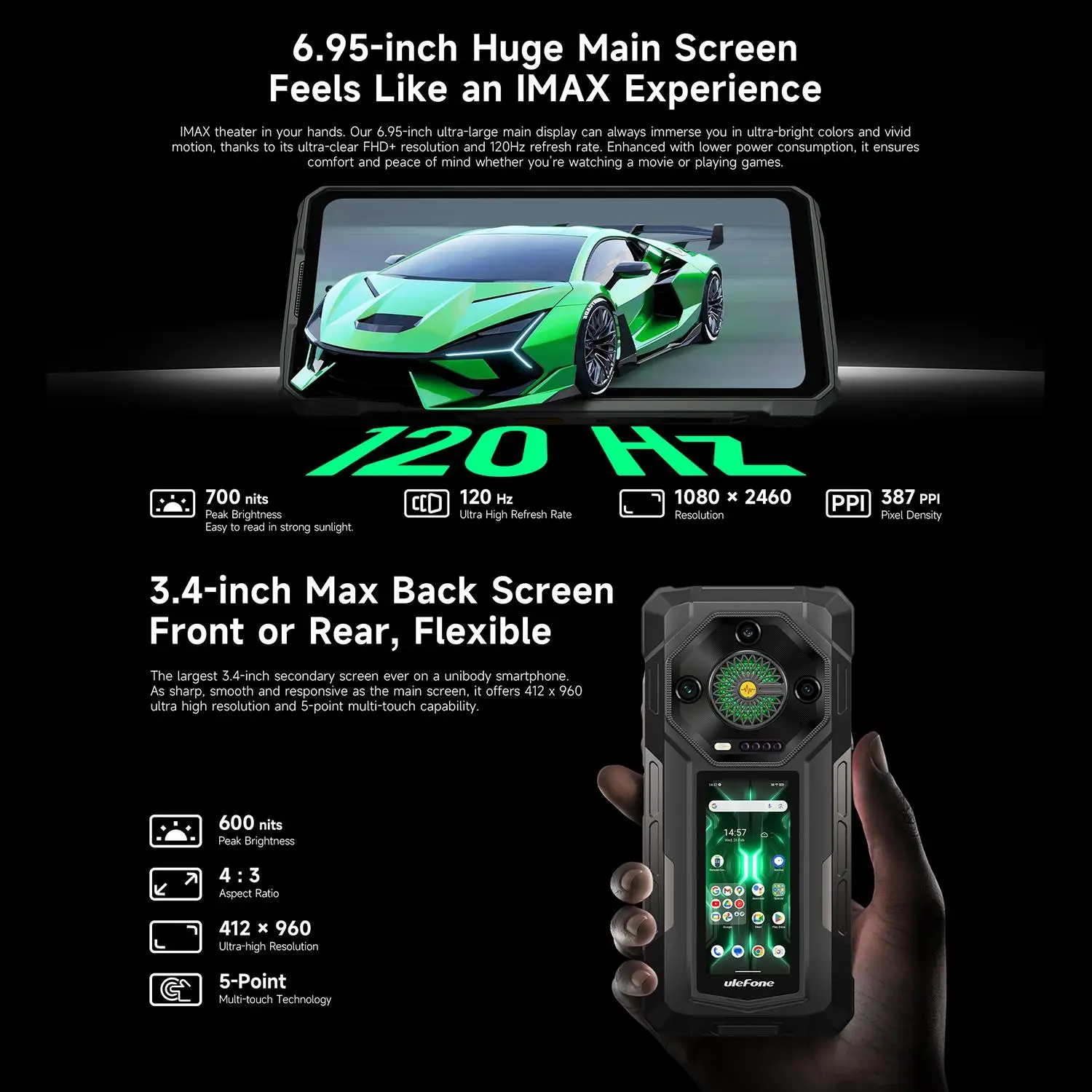 Ulefone Armor 33 Pro 5G Rugged Smartphone Android 15 Dual Screen 6.95 Inch 120Hz 32GB+512GB Mobile Phone 25500mAh 66W 64MP NFC