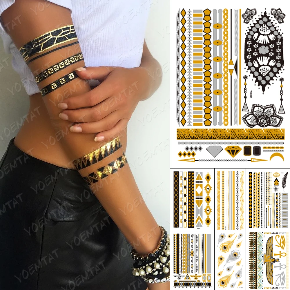 Waterproof Temporary Tattoo Sticker Chain Bracelet Black Gold Silver Metallic Flash Tatoo Boho Feather Jewelry Glitter Body Art