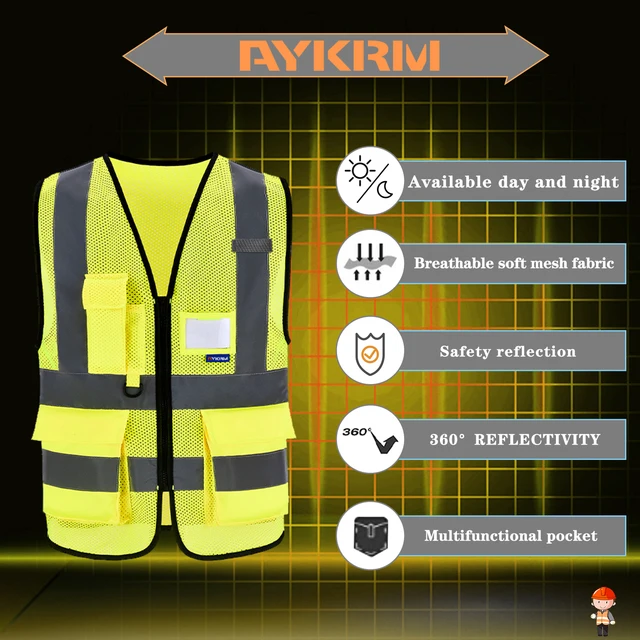 AYKRM 21 Colour （XS-8XL) Hi Vis Viz High Visibility Reflective Zip Pocket Security Waistcoats Jacket Workwear Vests 6