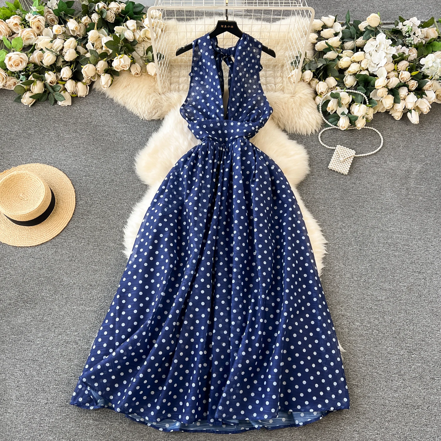 

Women's summer new sleeveless sexy backless polka dot printed dress