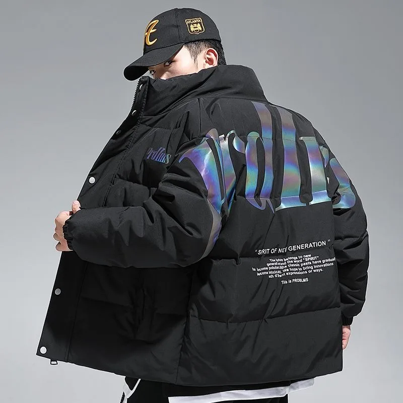 M-3xl 남성용 화이트 덕 다운 재킷, 남성 코트, 지퍼 스탠드 칼라, 짧은 스타일 레터, 루즈하고 따뜻한 겉옷, 겨울 의류
