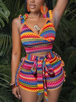 Women's Beach-Style Colorful Tank Top and Belted Shorts Set 1
