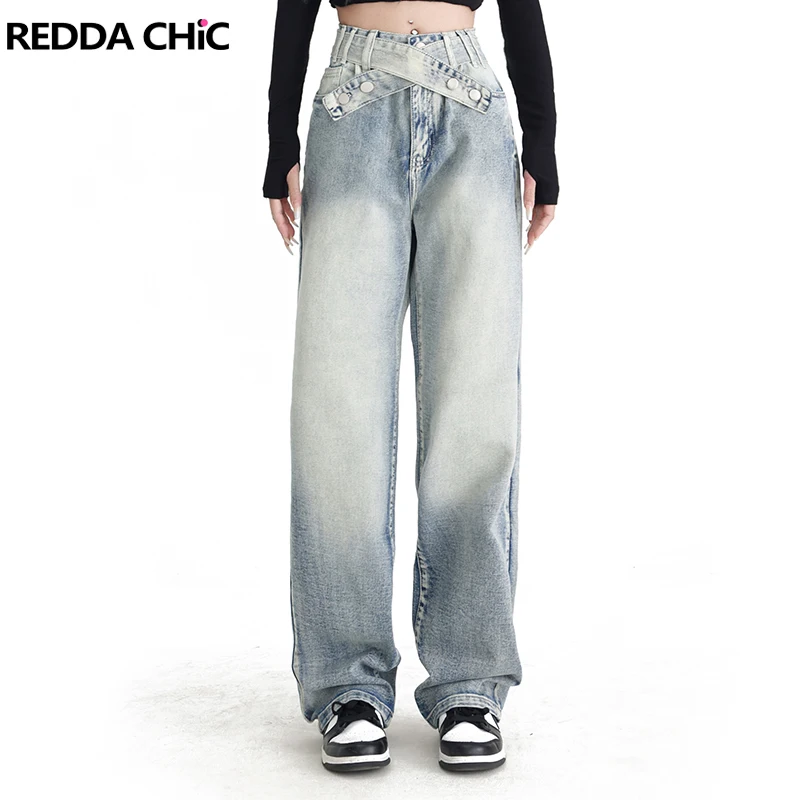 

ReddaChic Acubi Fashion Bleached Blue Baggy Jeans Pants Women Bandage High Waist Wide Leg Trousers Y2k Fairy Grunge Alt Clothes