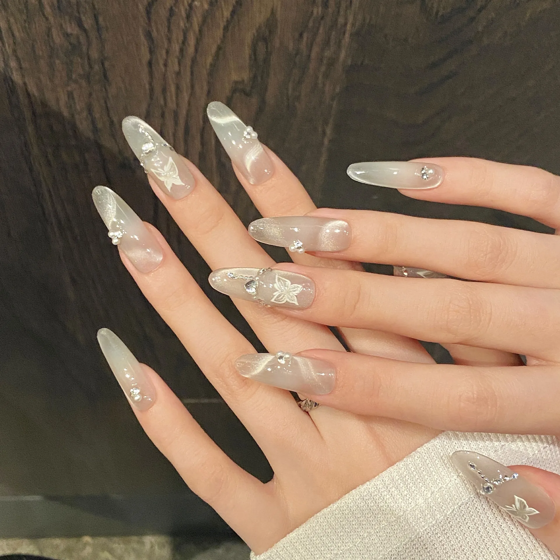 10pcs 긴 타원형 수제 거짓 손톱 팁 고양이 눈 나비 디자인 Argent 가짜 ..