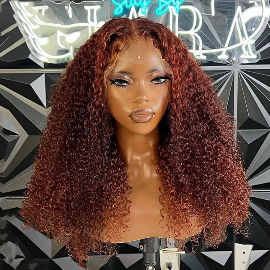 250% Reddish Brown Kinky Curly 30 40 Inch 13x4 Lace Front Human Hair Wig Colored Pre plucked with Baby Hair