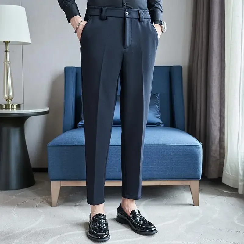 New Winter Korean Style Men's Thick Suit Pants Elastic Waist Business Casual Work Office Slim Fit Warm Trousers Black Khaki
