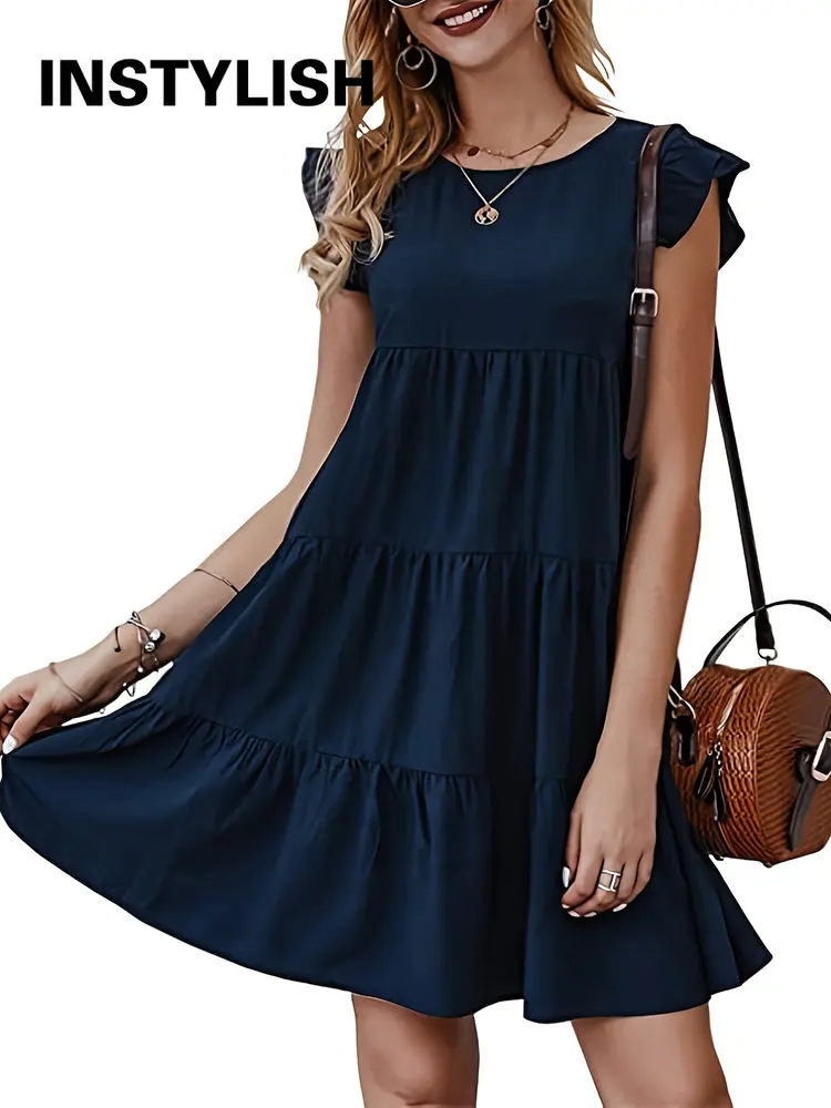 

Women Chic and Elegant Mini Dress Casual Ruffles Sleeve O Neck Loose Short Dress Summer Solid Beach Party Sundress vestidos