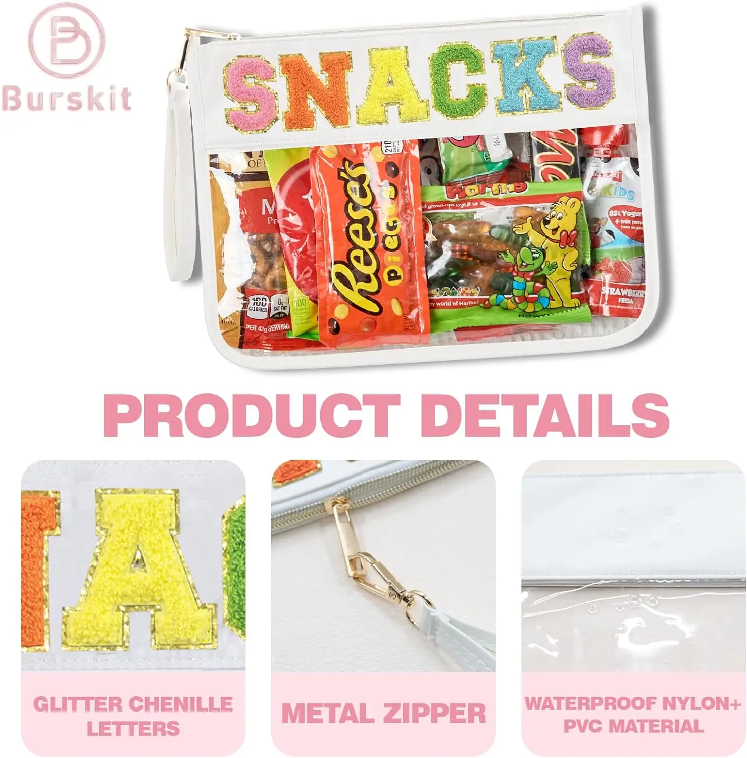 Clear Zipper Pouch for Travel Snacks Bag Nylon Clear Cosmetic Bag Makeup Travel Bag for Women with Glitter Patch Letters 2