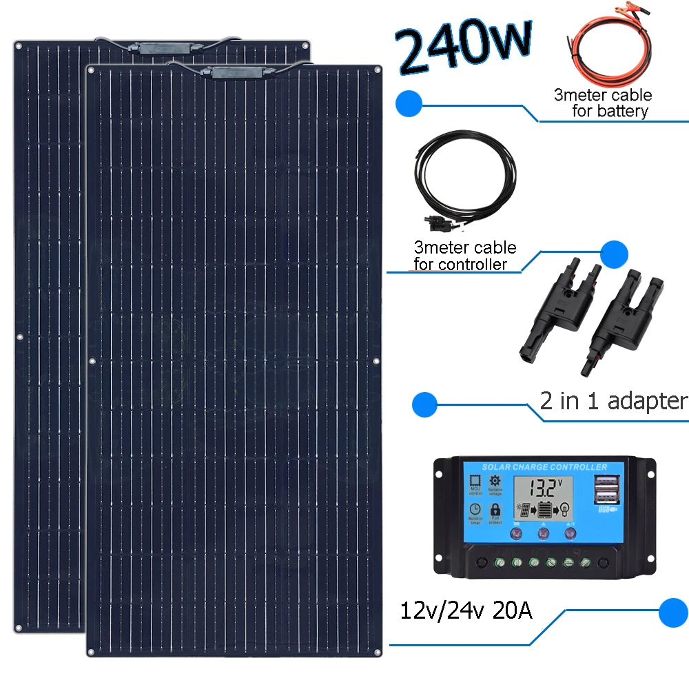 solar panel 12v 240w 20A solar charger controller photovoltaic kit home system for battery car RV boat camper caravan camping PV