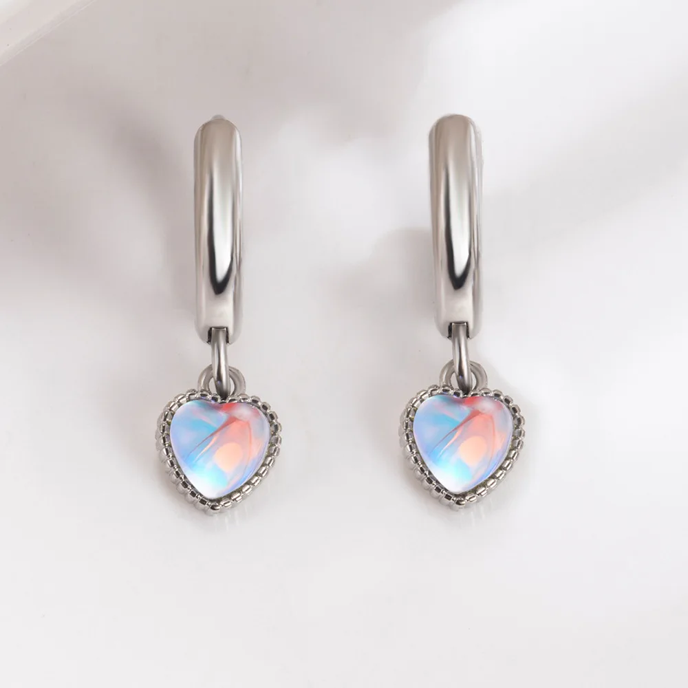 Vintage 925 Sterling Silver Opal Heart Ear Buckles for Women Elegant Classic Hoop Earrings Fine Jewelry Wedding Gift
