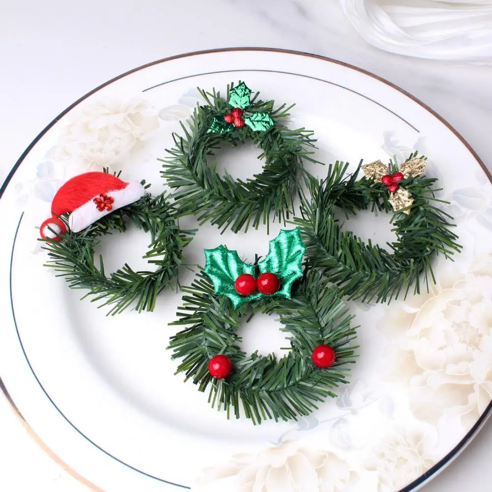 10Pcs/Set Christmas Wreath Napkin Ring Santa Hat Shiny Leaves Artificial Garland Dinner Napkin Holder Buckle