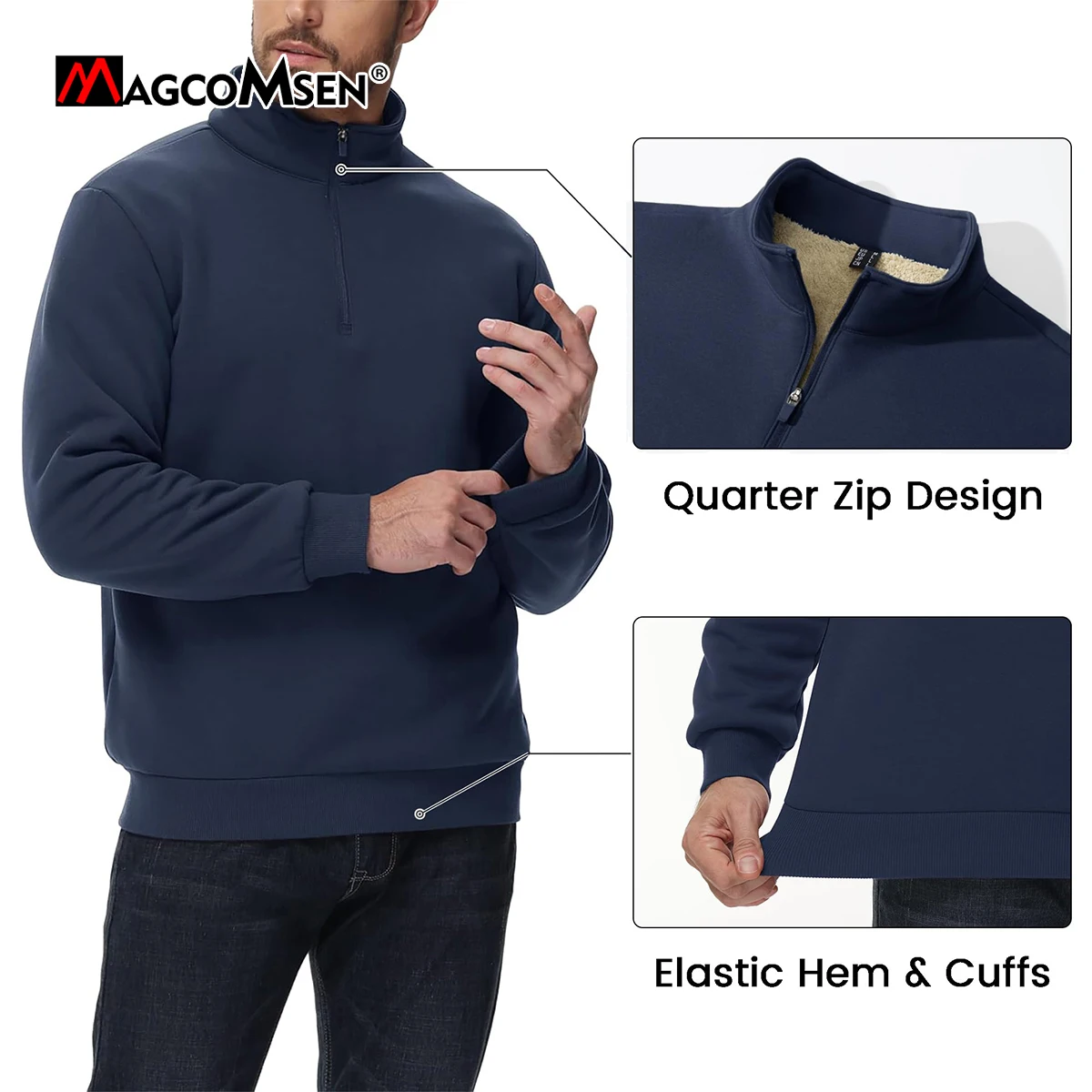 MAGCOMSEN 1/4 Zip Thermal Warm Sweatshirts Mens Sherpa Lined Turtleneck Fleece Heavyweight Pullover Winter Warm Sweaters Male