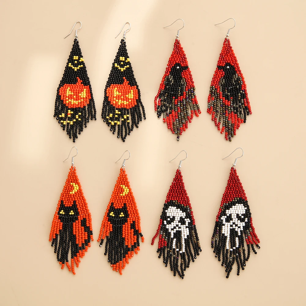 

Beaded earrings All Saints' Day Pumpkin Design Originality Hand knitting Bohemia Alloy Tide Simple Rice bead earrings