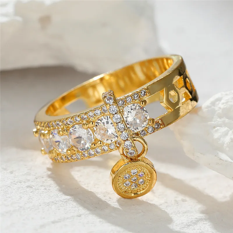 Luxury Female Crystal White Round Zircon Stone Engagement Ring Cute Yellow Gold Color Wedding Jewelry For Women