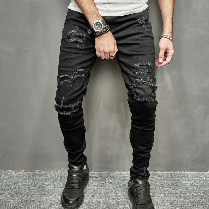 

2023 New Men's Jeans Trend: Slim Fit Small Feet Frayed Patch Men's Jeans Trend