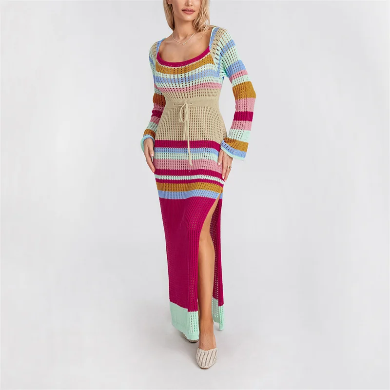 

Women Crochet Knit Dresses Beach Streetwear Cutout Long Sleeve Square Neck Drawstring Waist Contrast Color Striped Split Dress