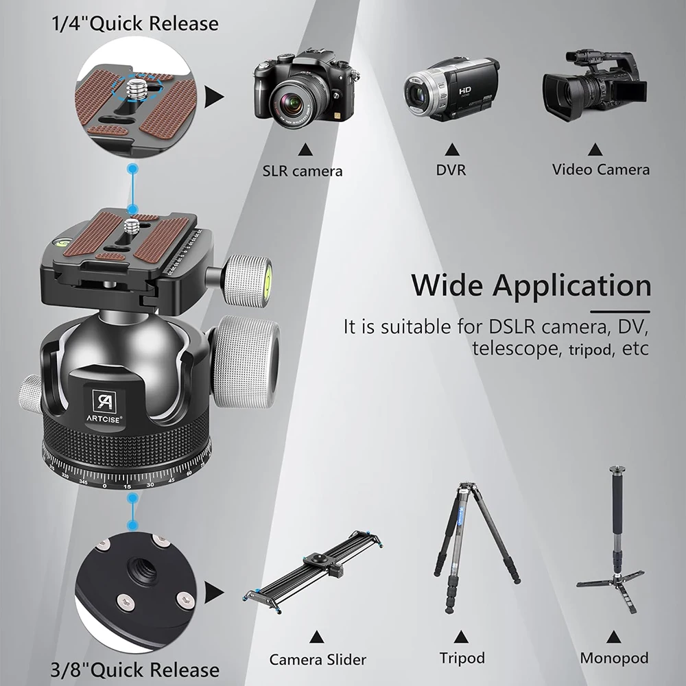 ARTCISE 54mm Low Profile Ball Head With Handle - CNC Aluminum, Holds 77 Lbs, For DSLR Cameras