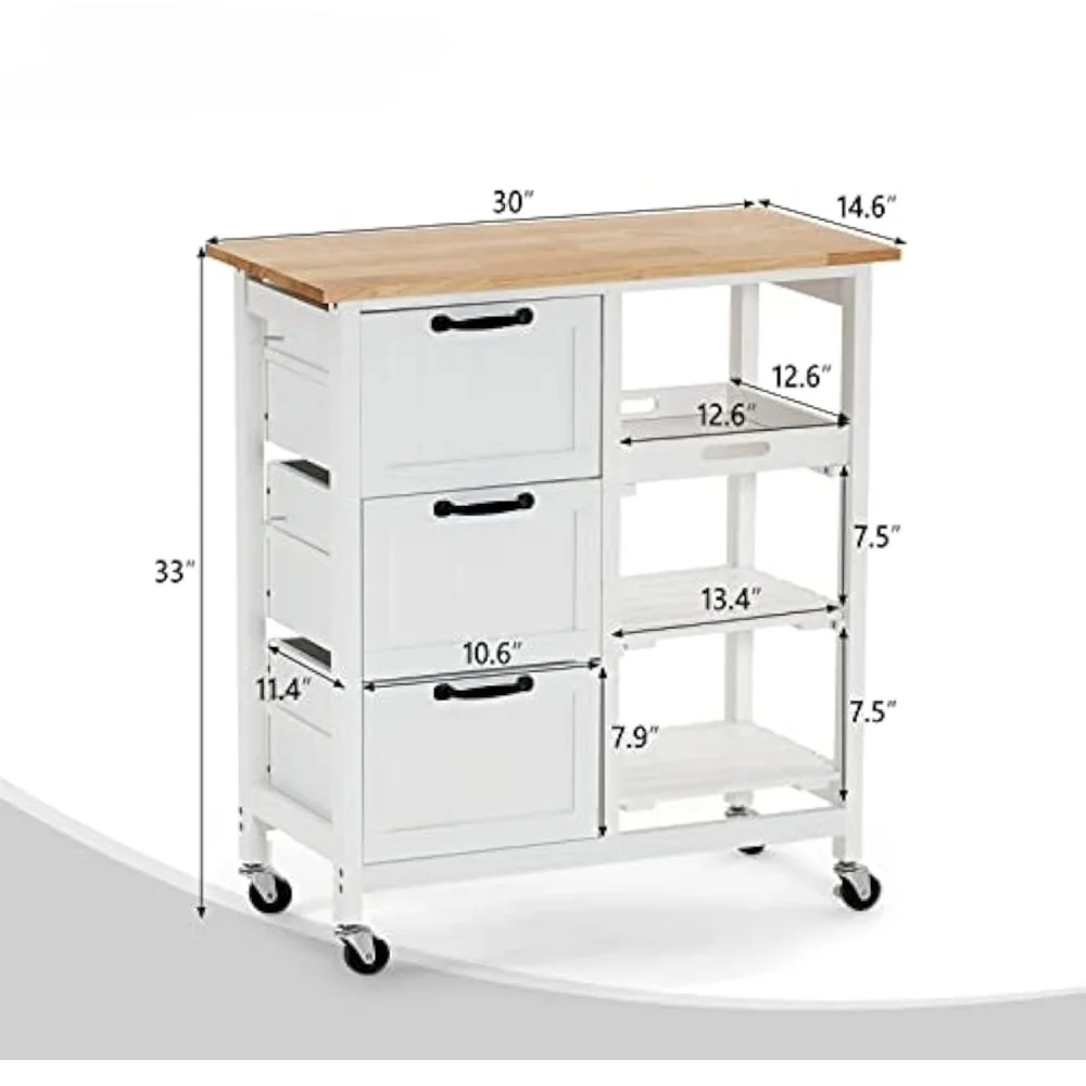 Kitchen Island, Rolling Kitchen Storage Cart with 3 Drawers 3 Tier Holders Serving Bar Cart Coffee Bar