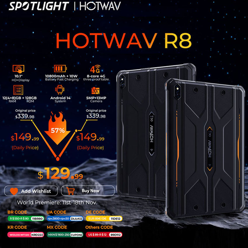 New HOTWAV R8 Rugged Tablets Android 14 10.1'' HD+10800mAh IPad 5MP+13MP Camera 12(4+8)GB+128GB Charging OTG Reverse Tablet PC
