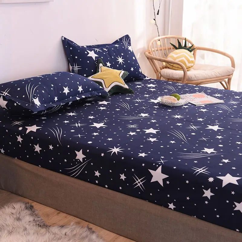WOSTAR Elastic fitted sheet mattress protector cover romance star night print luxury double bed couple bedsheet king size 180cm