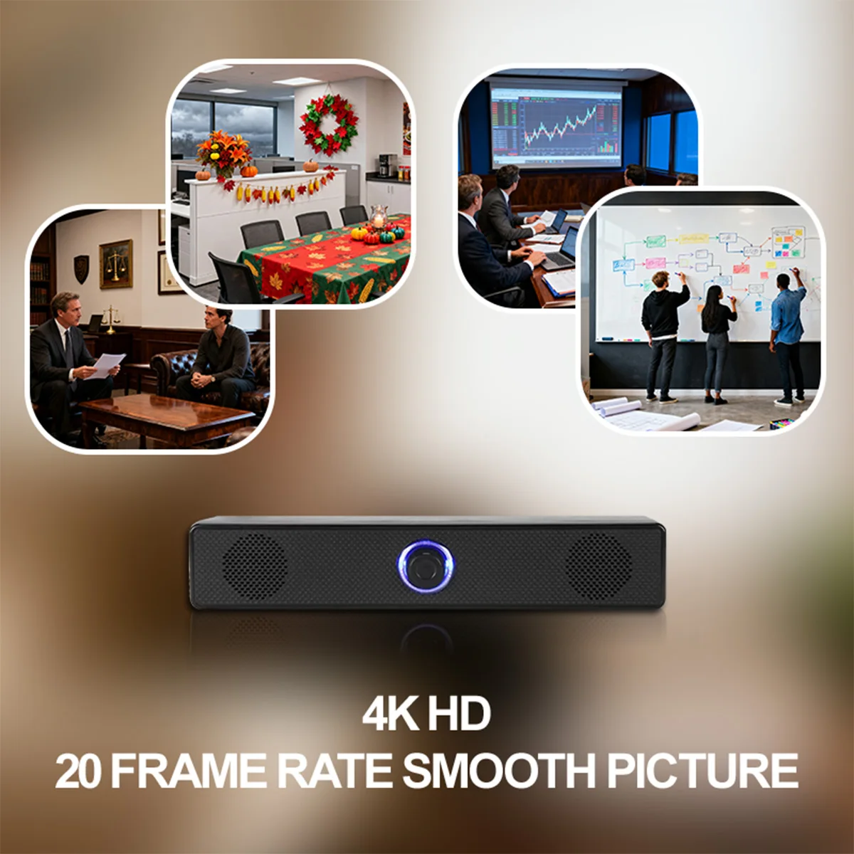 Compact 4K WiFi camera shown on a desk in a modern room