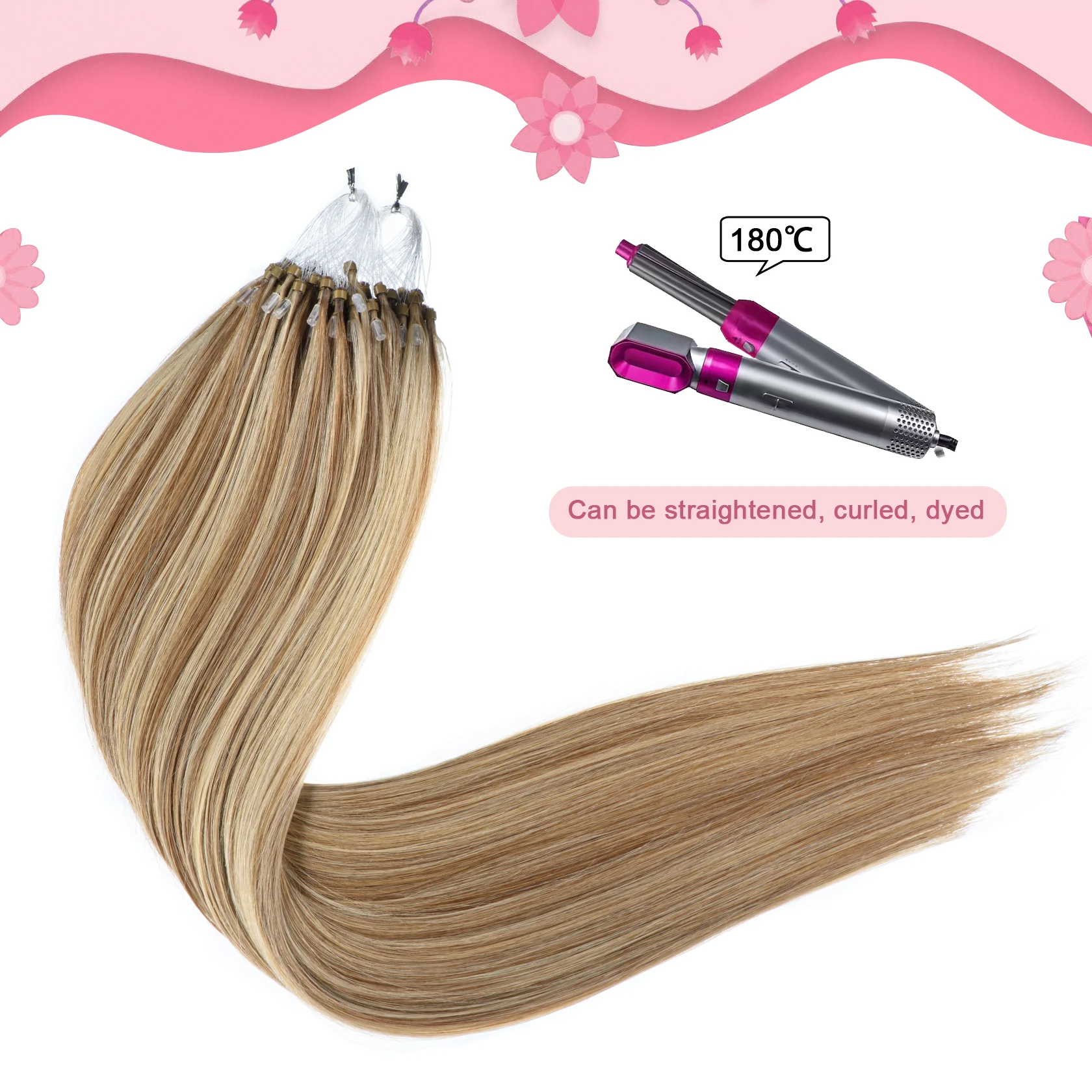 Micro Ring Highlights Hair Extensions Brown Blonde Cold Fusion Micro Link Hair Extensions Human 1g/s 50g Beads
