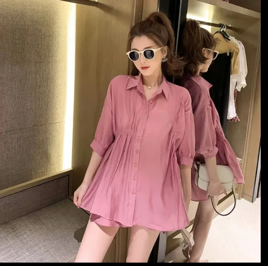 Maternity Summer Clothing Suits Solid Color Turn-Down Collar Shirts + Belly Shorts Twinset Loose Pregnant Woman Clothes Set Casual women maternity sets