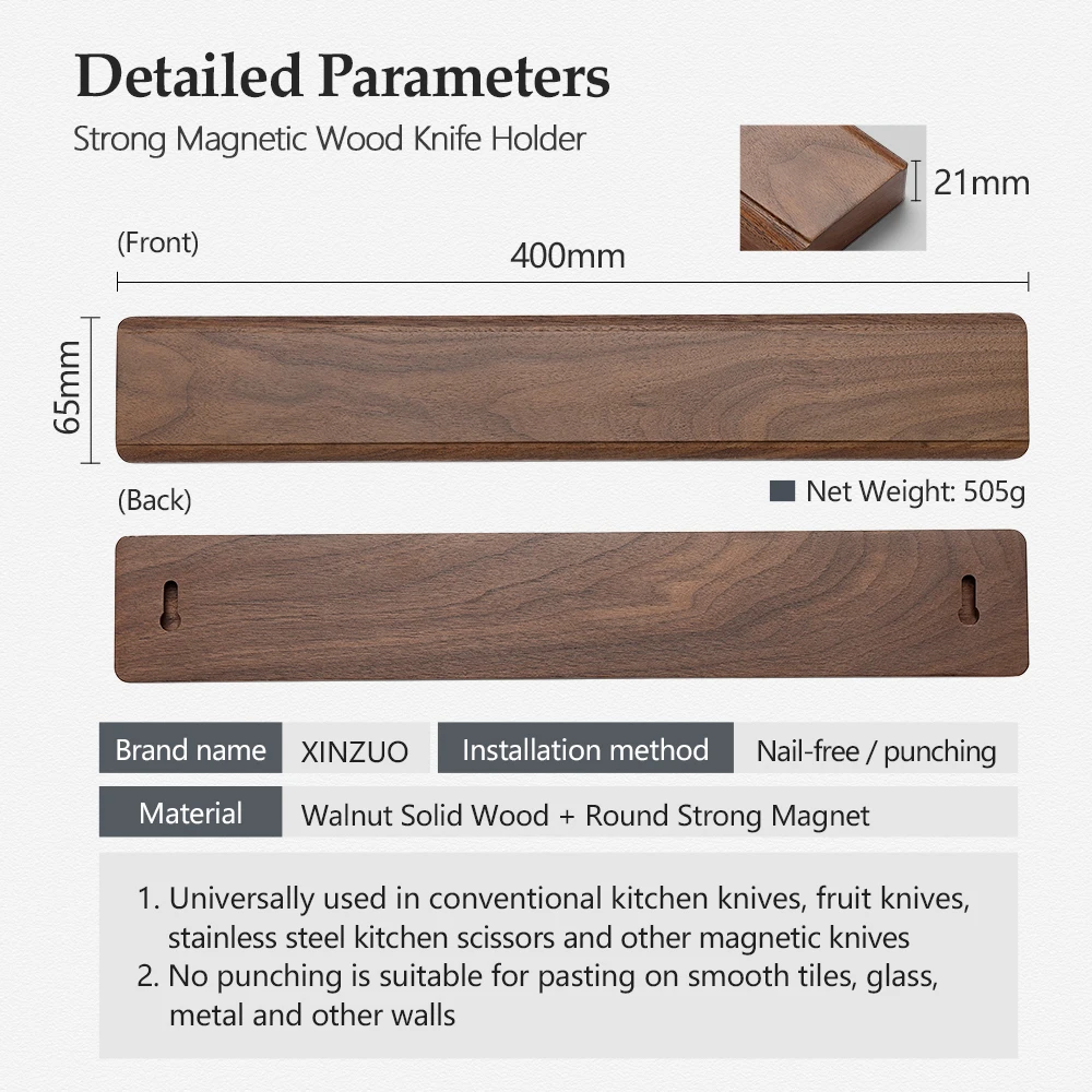 Knife Holder Magnetic Knife Strip 40cm Walnut Solid Wood Magnetic Knife Holder Double Row Kitchen Accessories