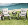 3 Piece Bistro Set Patio Rocking Chairs Outdoor Furniture w Warm Gray Cushions, Glass-Top Table for Garden, Pool, Backya 4