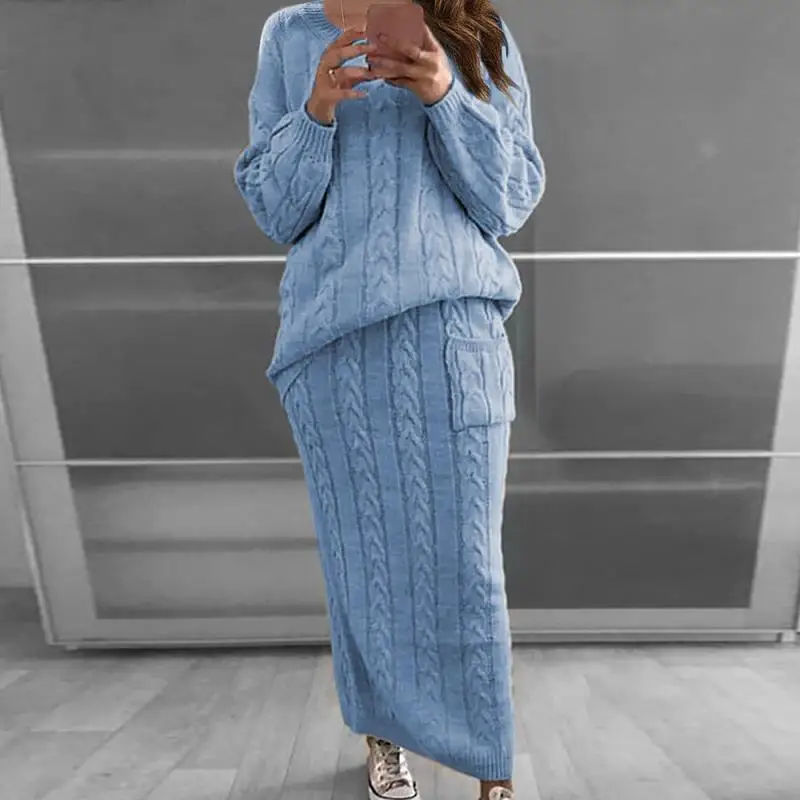 Women Sweater Dress Fall Winter Solid Color Knitted Long Sleeves Round Neck Pockets Casual Two Piece Set Lady Knit Sweater Suits