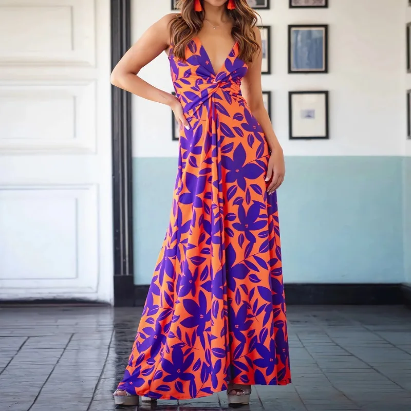 

2024 Spring Summer Fashion Women's New Halter V-neck Print Elegant A Swing Dress