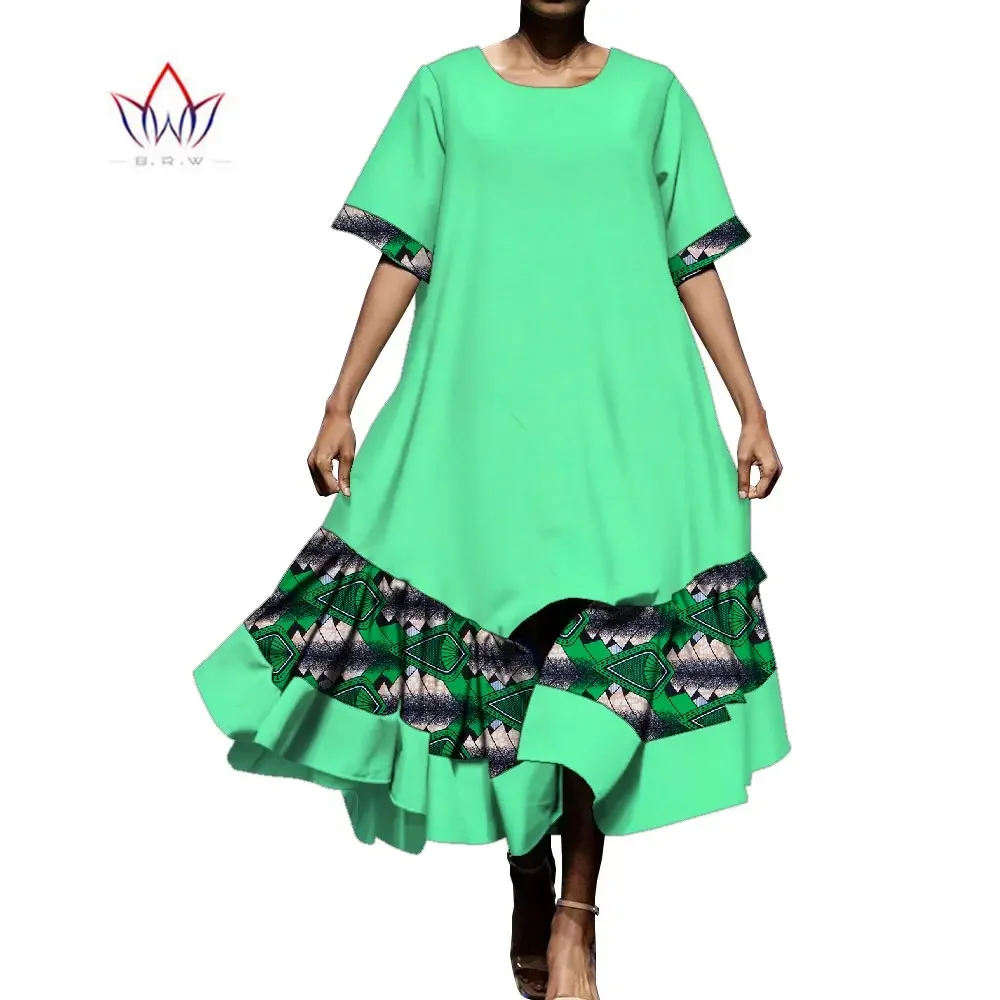Bintarealwax African Dresses for Women Casual O-neck Short Sleeve Loose Dress Ruffles Hem Plus Size Summer Ankara Dress WY10225