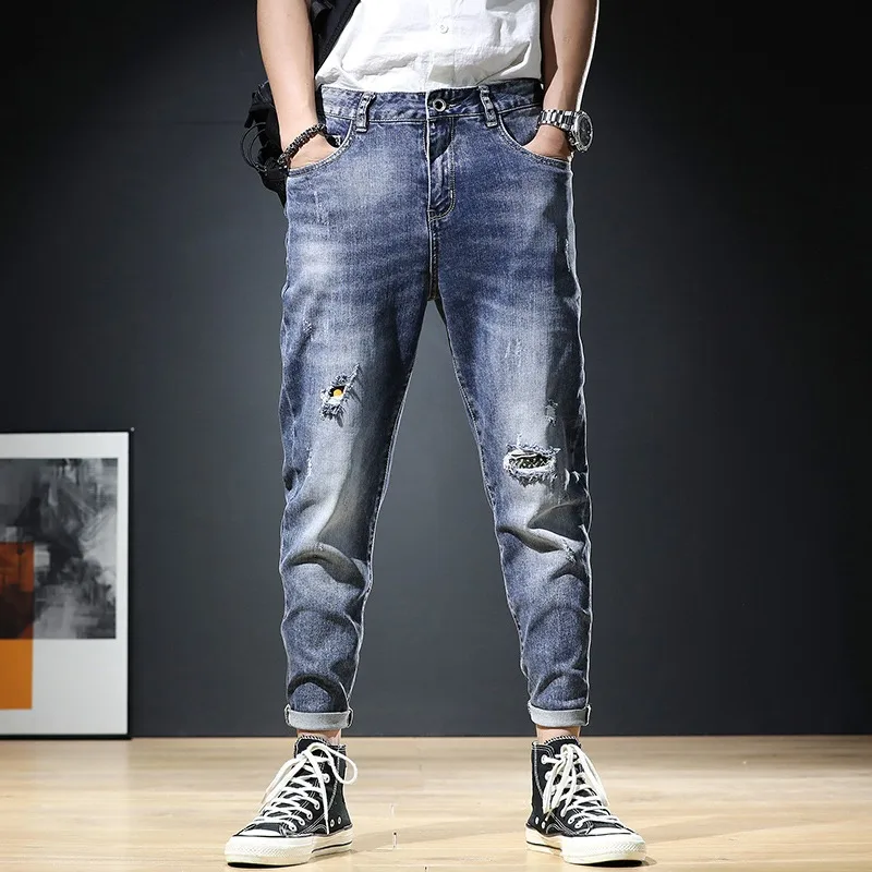 

Summer Men Ripped Jeans Fashion Streetwear Casual Blue Lightweight Slim Fit Patches Denim Pants