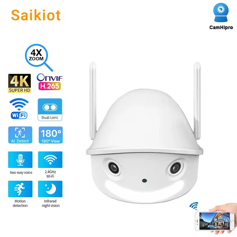 Saikiot Camhipro Camera Wifi Dual Lens 4X Zoom 4Mp 8Mp 180 Gradi Fisheye Panoramic Onvif Cctv Security Network Telecamera Esterna