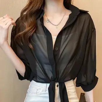 Y2K Solid Flared Sleeve Cardigan Casual Lace-up Beach Cover-Ups Coquette White Long Sleeves Shirts Sunscreen Outwear 1