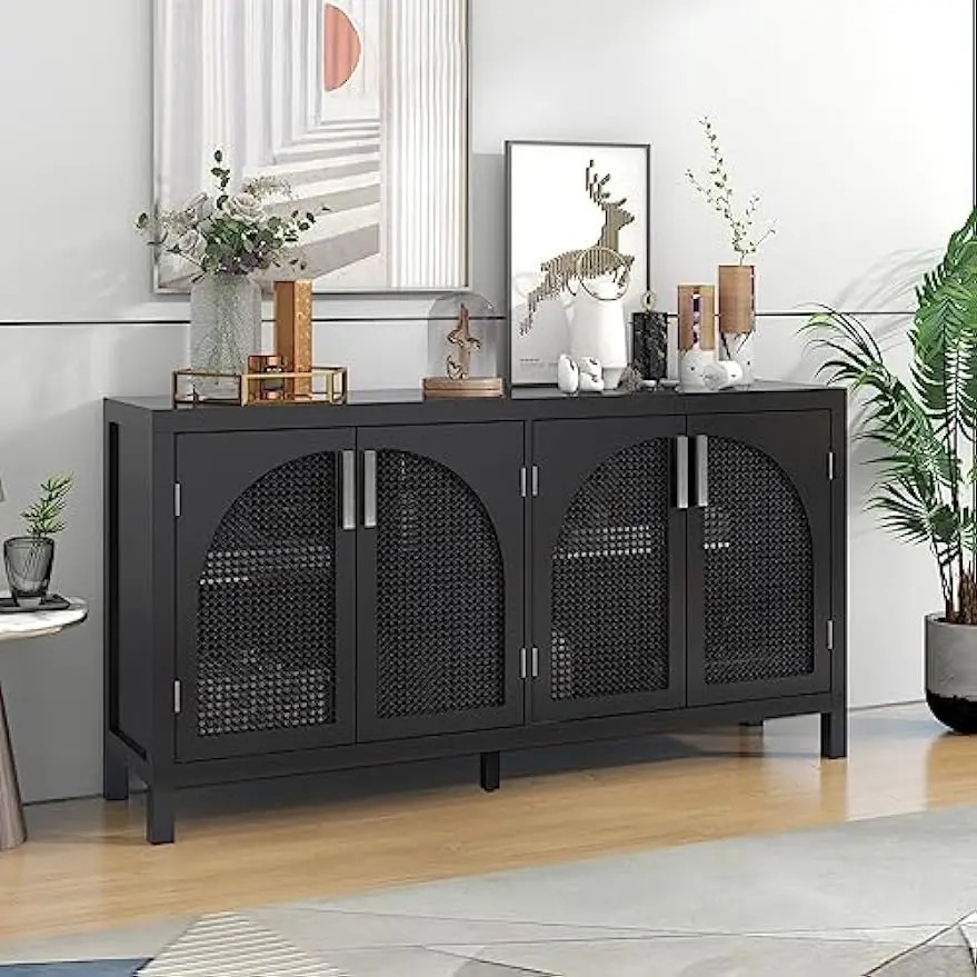 

Modern Cabinet,Large Storage Space Sideboard with Artificial Rattan Door, Perfect for Living Room Entryway,Black