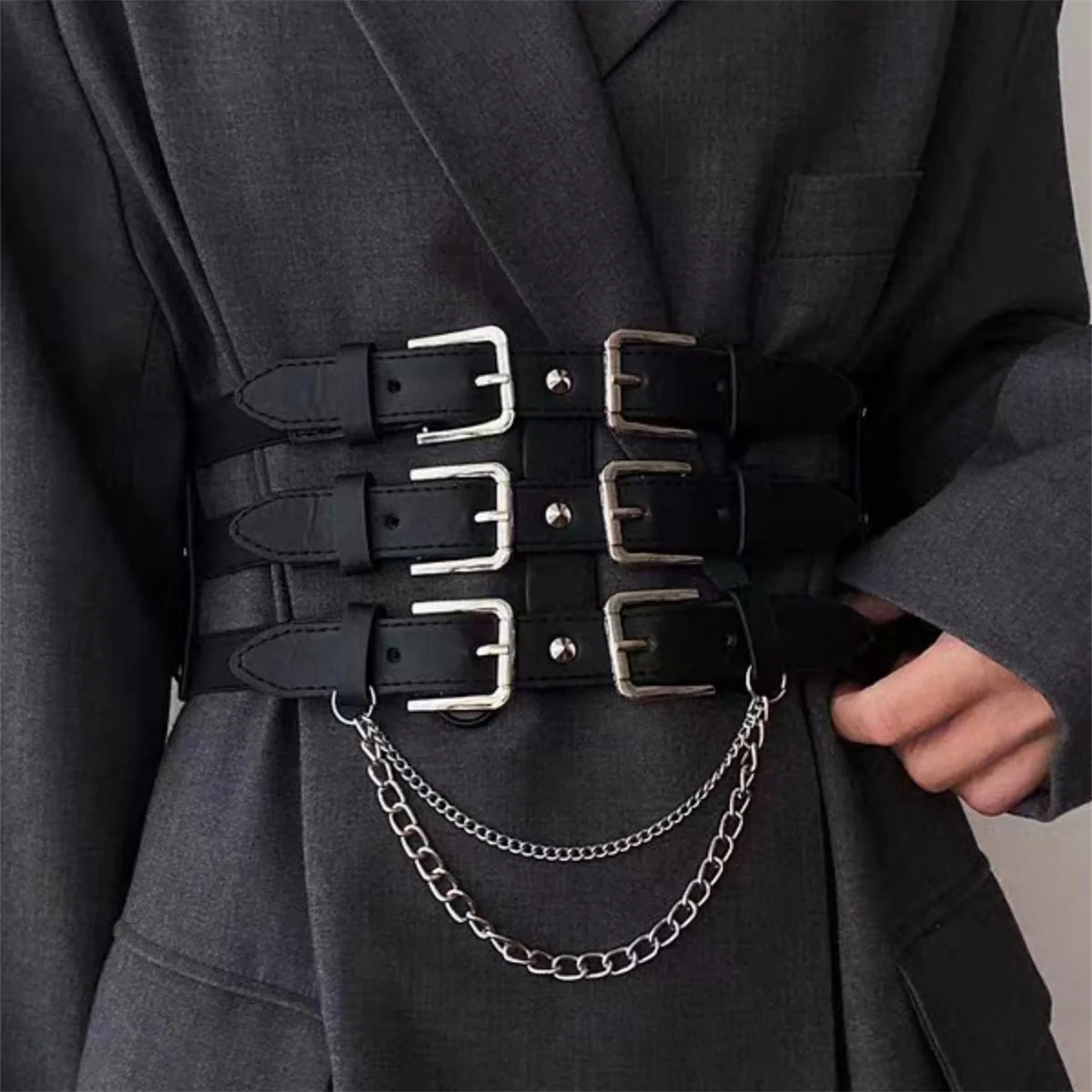 

Triple breasted women's elastic waistband, fashionable street punk women's clothing accessories waistband