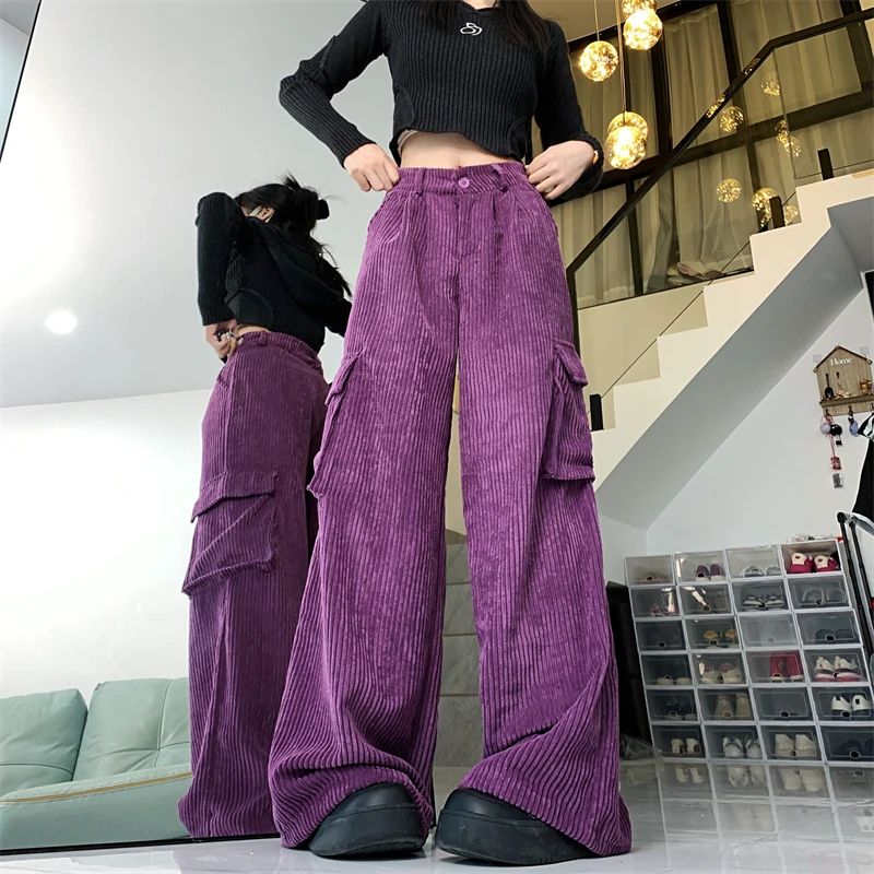 2023KoreanY2KFashionCorduroyPurpleBaggyCargoPantsForWomen