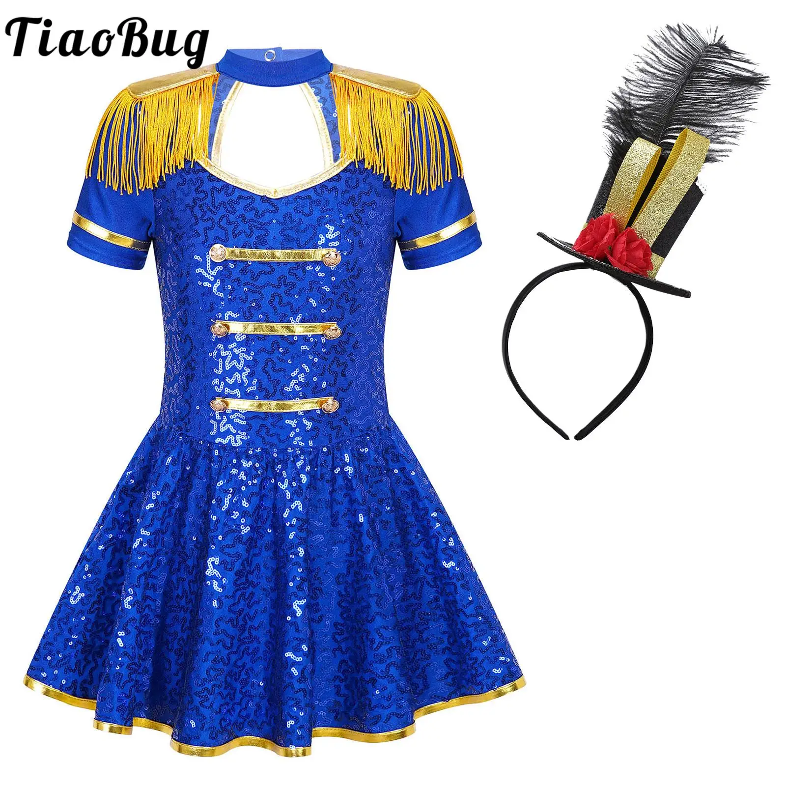 Kids Girls Paillettes Drum Majorette Marching Band Costume Halloween Carnival Party Cosplay Circus Ringmaster Dress + Mini Top Hat