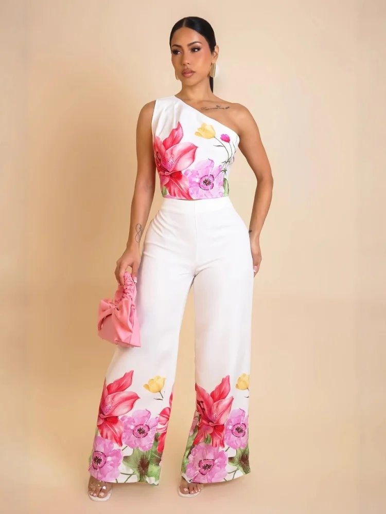 Wmstar Two Piece Sets Women Wholesale Elegant Stretch Wide Leg Off Shoulder Floral Print Pants Sets Matching Suit Dropshopping