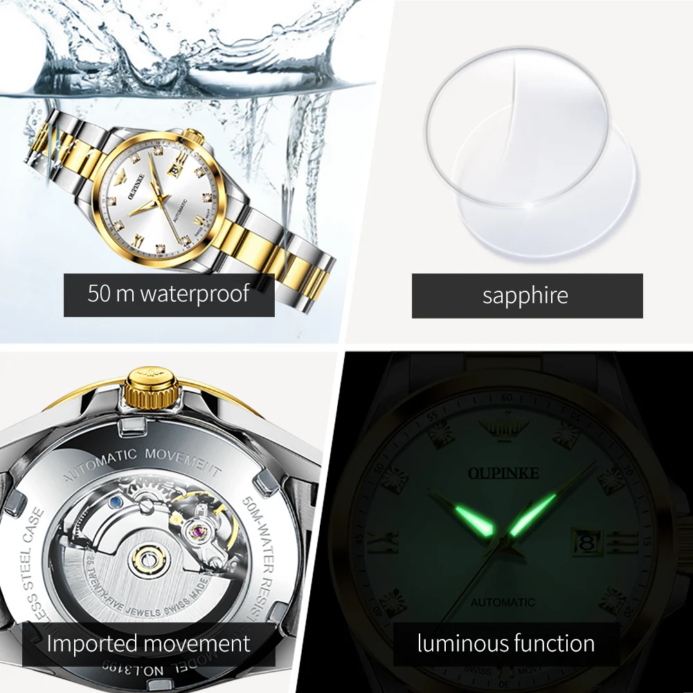 Original OUPINKE 3199 Swiss Automatic Mechanical Watch for Women Real Diamond Sapphire Mirror Ladies Watch Bracelet Set Gift NEW 6